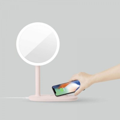 Hot sale table makeup mirror touch memory dimming led desktop vanity mirror with wireless charging stand